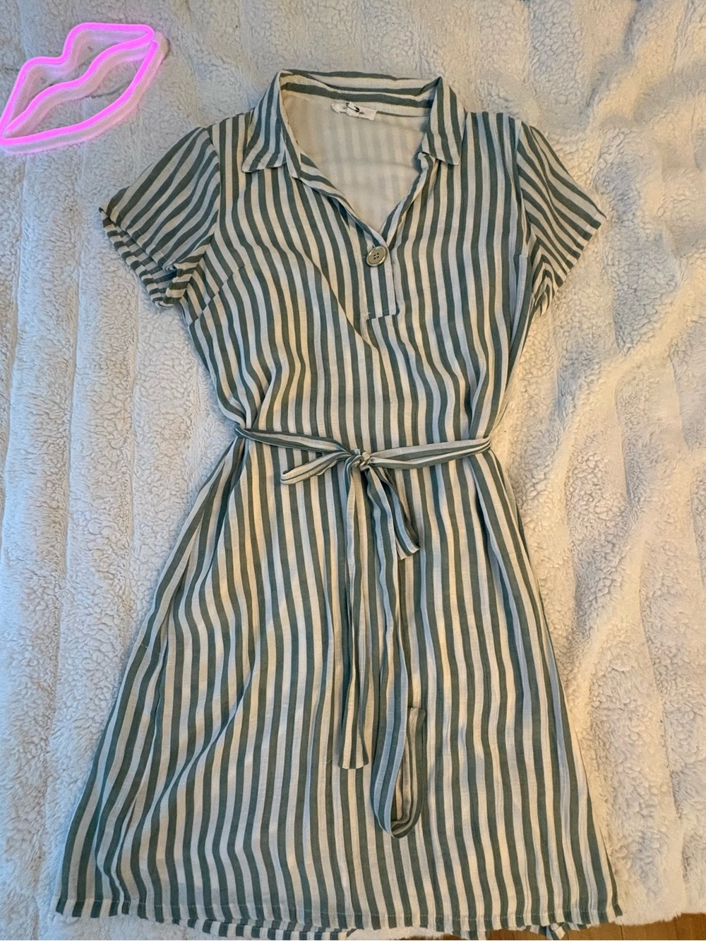 Striped Short-Sleeve Belted Shirt Dress in Green and White